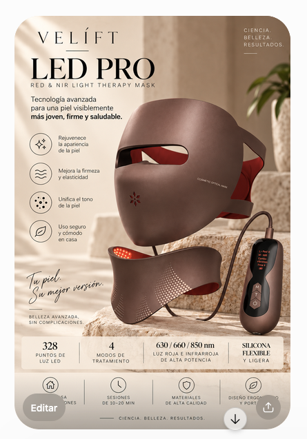 VELÍFT LED PRO mascarilla de luz roja e infrarroja con accesorio para cuello y controlador