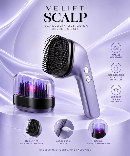 VELÍFT SCALP masaje vibratorio, nebulización, luz roja, USB-C y cubierta protectora
